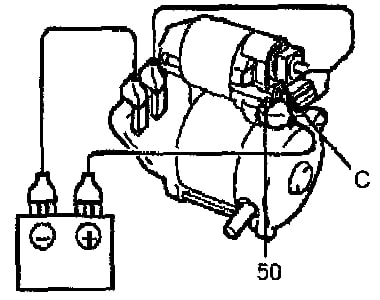 2. Подсоедините провода, как показано на рисунке, и убедитесь, что шестерня обгонной муфты выдвинулась наружу. 
